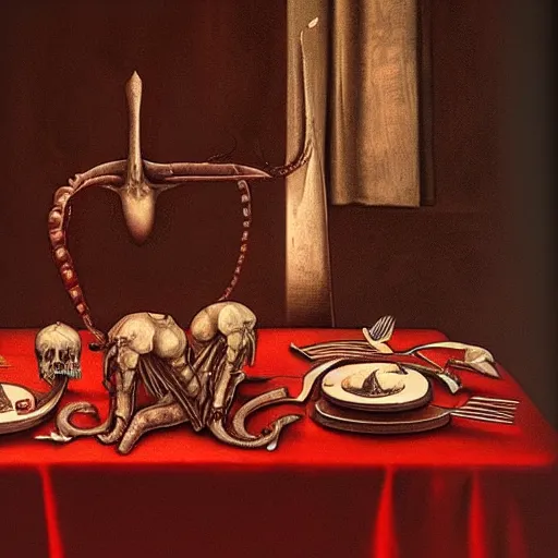 Image similar to last dinner da vinci by Rudolf Giger red color, trending on artstation, deviantart, very realistic, 4k