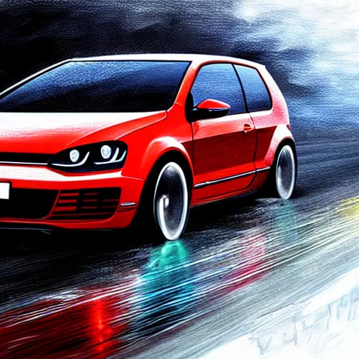 Prompt: vw golf gti speeding down a rain - soaked highway highly detailed, digital painting, concept art, sharp focus, by makoto shinkai