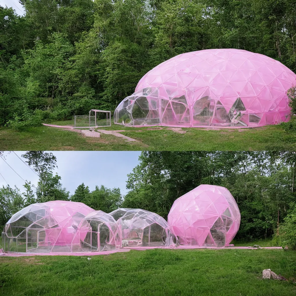 Prompt: an inflatable geodesic house made of clear pink plastic sheeting. The house is made of 3 inflated bubbles. The inflated house sits in a lake on the edge of a forest. A family is living inside the bubble house and it is furnished with contemporary furniture and art. There is a garden party outside the house with many people attending. ultra wide shot, coronarender, 8k, photorealistic