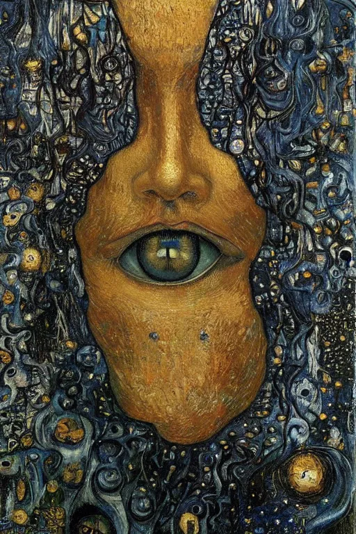 Prompt: The Mourner's Hood by Karol Bak, Jean Deville, Gustav Klimt, and Vincent Van Gogh, mystic eye, otherworldly, cloaked figures, hooded, shroud, dark drapery, shadowy figures, ghosts, tears, crying, fractal structures, arcane, inferno, inscribed runes, infernal relics, ornate gilded medieval icon, third eye, spirals