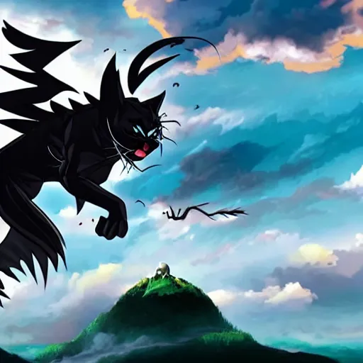 Prompt: an anime black cat riding a dragon over a vast fantasy landscape