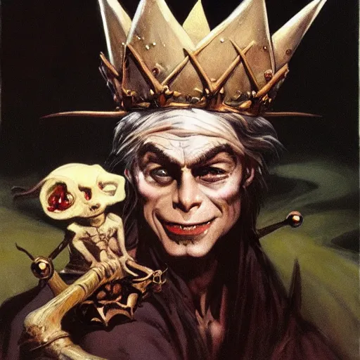 Prompt: The goblin king wearing a bone crown, painting by Frank Frazetta, detailed, 4k