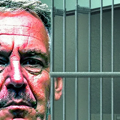 Image similar to donald trump behind bars in a filthy, obscure and depressing cell, with jeff epstein looming over him