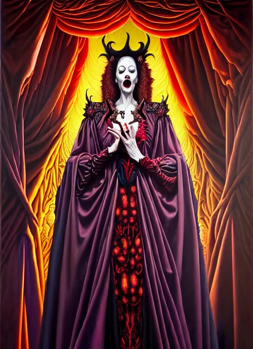 Image similar to beautiful oil painting, full length portrait of vampire!!!!! dauphinois in baroque coronation robes 1 7 0 1, blood, dan mumford, dan mumford, alex grey, hyacinthe rigaurd, highly detailed, lsd visuals, dmt fractal patterns, visionary art, psychedelic art, ornate, vaporwave, baroque, greg rutkowski