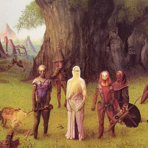 Image similar to group of 4 new adventurers, at a farm, morning, fantasy, d & d, wayne barlowe