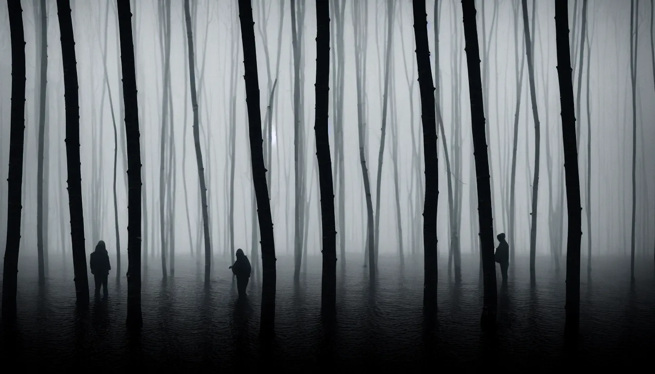 Image similar to silhouette of a person inspecting flood foggy thin birch swamp, scary, dark, atmospheric, ambient vibe, very detailed, 8 k