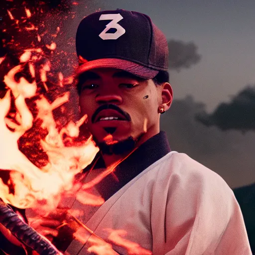 Image similar to cinematic film still of Chance The Rapper starring as a Samurai holding fire, Japanese CGI, VFX, 2022, 40mm lens, shallow depth of field, film photography