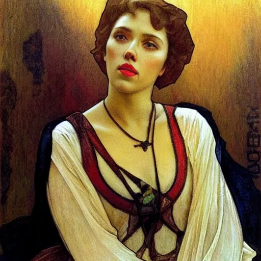 Image similar to “Scarlett Johansson portrait, Alfons Maria Mucha”