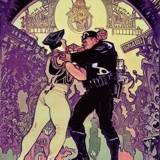 Image similar to The punisher putting a cop in a headlock. Concept art by James Gurney, Alphonso Mucha. Vivid color scheme.