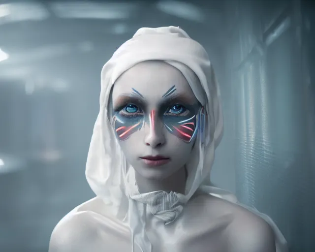 Prompt: a film still of a synthetic female human wrapped in white cloth, tribal facepaint, in neotokyo, cinematic lighting, high resolution, 4 k
