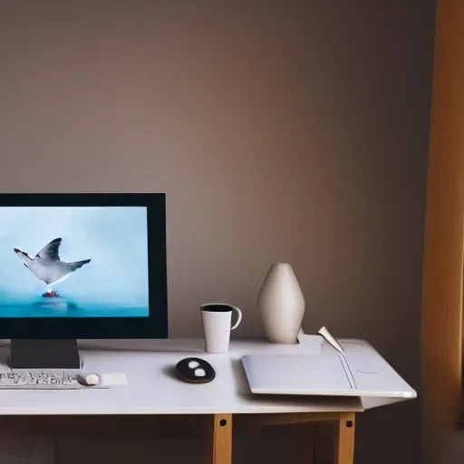 Prompt: a seagull typing at a computer in it's bedroom, close up, studio portrait
