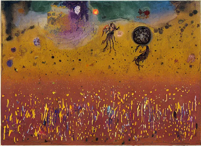 Image similar to expressionistic, pixels, decollage painting golden armor alien zombie horseman riding on a crystal bone dragon broken rainbow diamond maggot horse in a blossoming meadow full of colorful mushrooms and golden foil toad blobs in a golden sunset, distant forest horizon, painted by Mark Rothko, Helen Frankenthaler, Danny Fox and Hilma af Klint, low bit, pixel mosaic, semiabstract, color field painting, byzantine art, voxel art, pop art look, naive, outsider art. Barnett Newman painting, part by Philip Guston and Frank Stella art by Adrian Ghenie, 8k, extreme detail, intricate detail, masterpiece