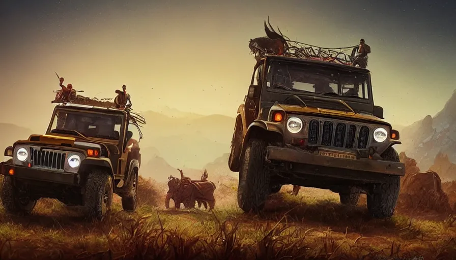 Image similar to Mahindra thar, tribe members watching nearby, an epic fantasy, dramatic lighting, cinematic, establishing shot, extremely high detail, photorealistic, cinematic lighting, artstation, by simon stalenhag, horizon forbidden west