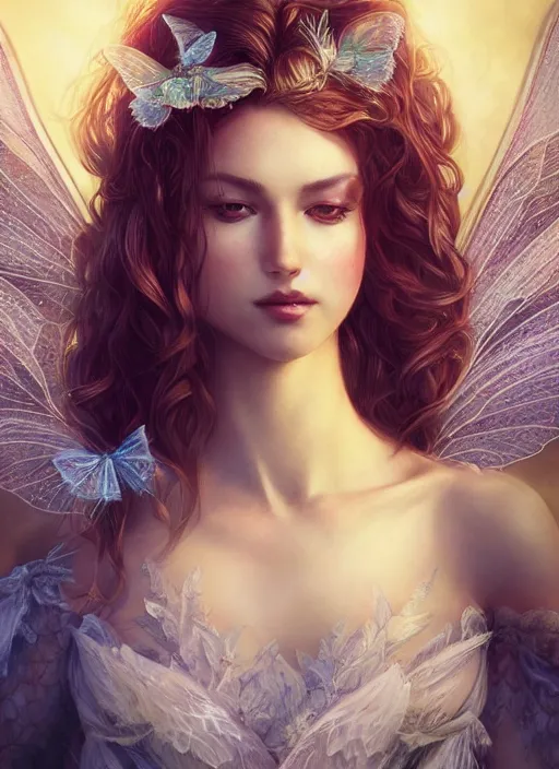 Image similar to full body portrait of a beautiful fairy women with wings of lace, by artgerm, sunny day, highly detailed, perfect lighting, perfect composition, symmetry, detailed features, 4 k, by alan lee, by derek zabrocki, by greg rutkowski