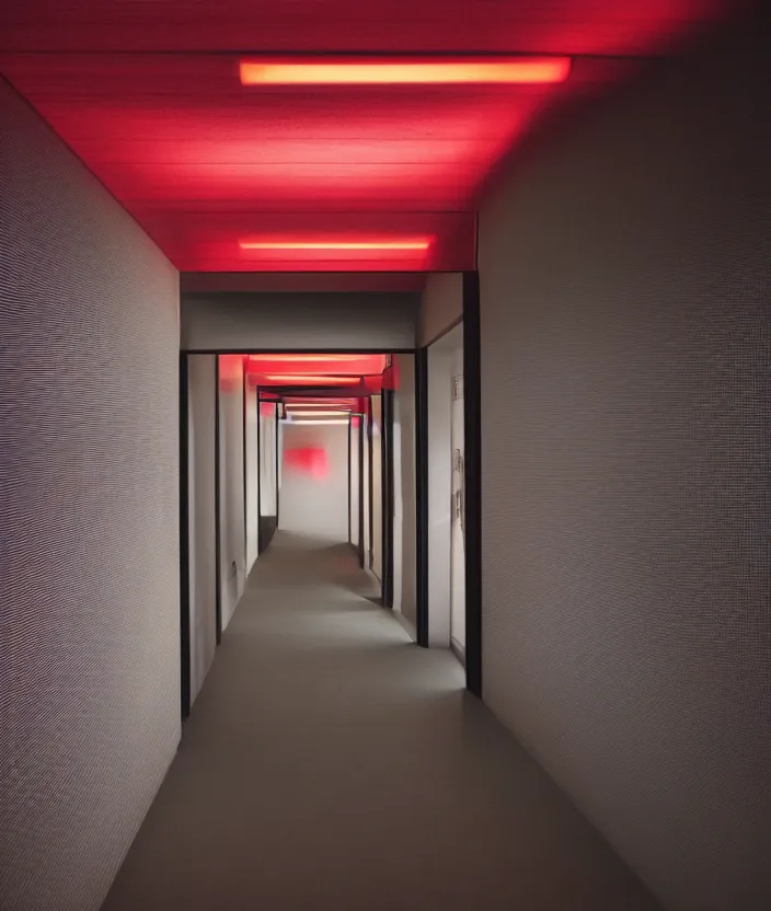 Prompt: spooky photo of a dark hallway of a japanese modern house with open lit doorways, dramatic lighting, smoke, ceiling fluorescent lighting, black and red colour palette