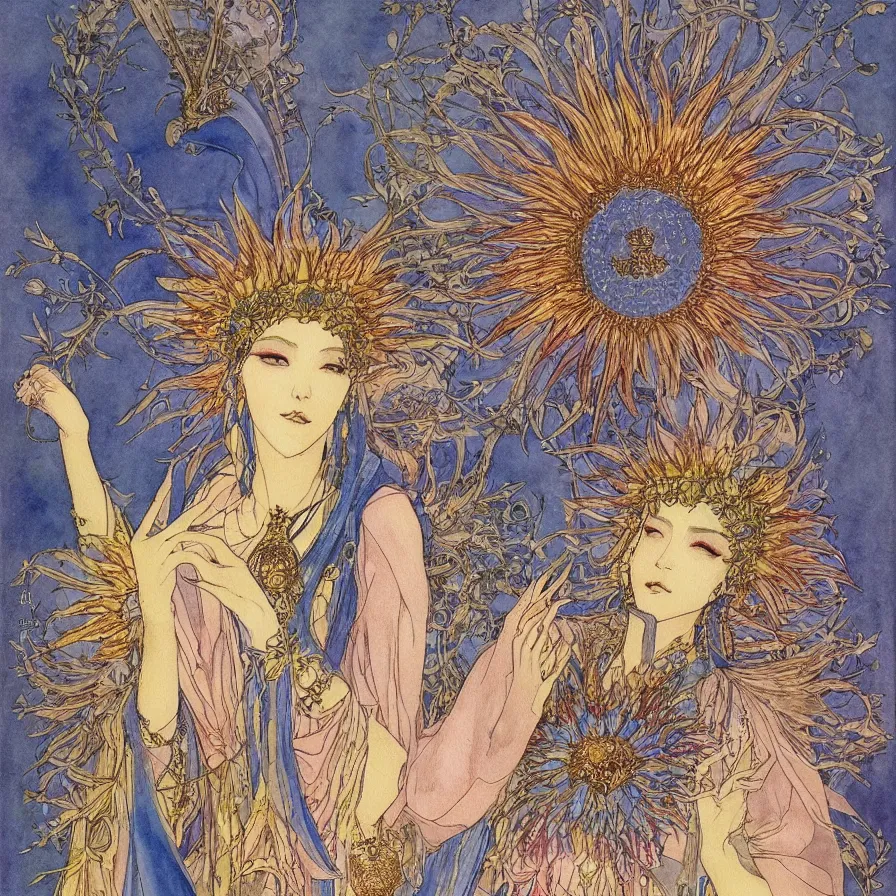 Prompt: watercolor, final fantasy character design, east-asian queen-goddess wearing a shiny golden sunflower crown, character portrait, angelic, shrouded in soft blueish smoke, harry clarke artwork