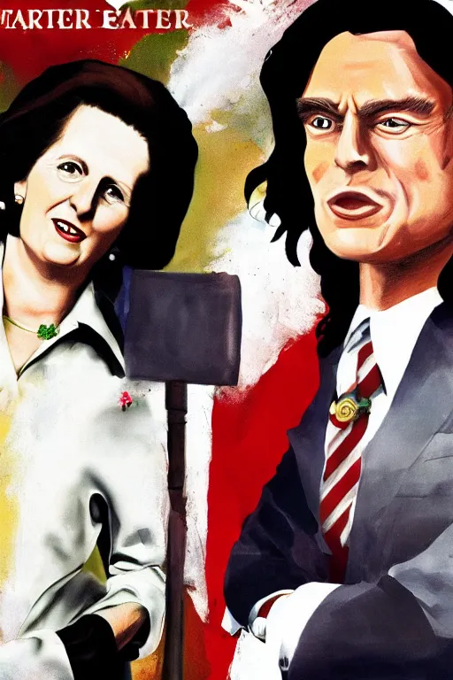Prompt: margaret thatcher and tommy wiseau, ghanaian movie poster, highly detailed, olive garden, explosions, pasta, high octane render, hd, realism