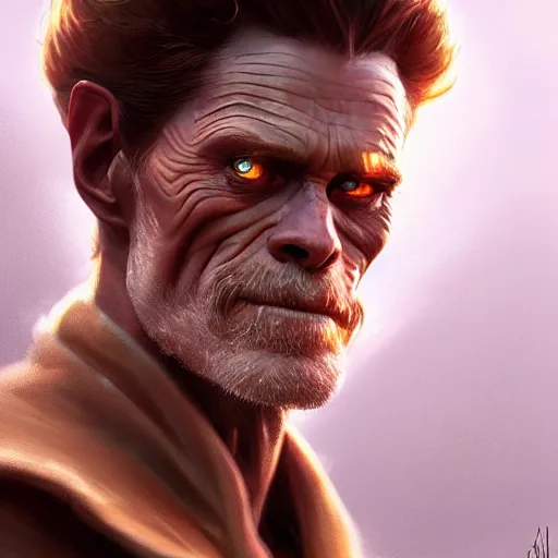 Prompt: Willem Dafoe, closeup, D&D, fantasy, intricate, elegant, highly detailed, digital painting, artstation, concept art, matte, sharp focus, illustration, hearthstone, art by Artgerm and Greg Rutkowski and Alphonse Mucha