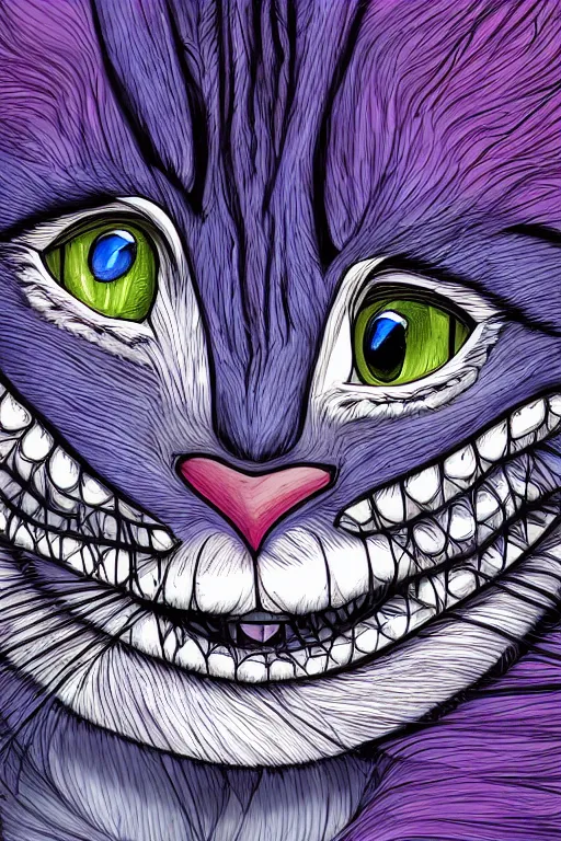 Prompt: cheshire cat, art by brian miller, colorful, illustration, highly detailed, simple, no jagged lines, smooth