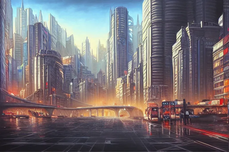 Image similar to painting of a modern city, fine details, magali villeneuve, artgerm, rutkowski