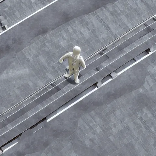 Image similar to mysterious man in silver space suit, walking on an industrial catwalk with stairs that lead nowhere, floating in deep space, 4 k photograph, isometric view