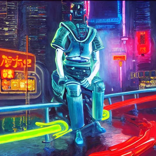 Prompt: an extremely detailed oil painting of a cyborg samurai, sitting infront of a neon river. 4 k. colorful.