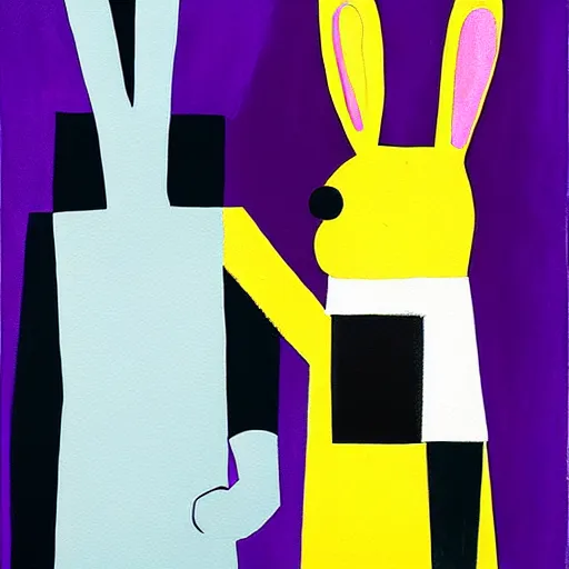 Image similar to a painting of a man and a rabbit holding hands, a cubist painting by michael deforge, featured on pixiv, furry art, modern european ink painting, suprematism, mixed media, anime aesthetic, matte drawing, genderless