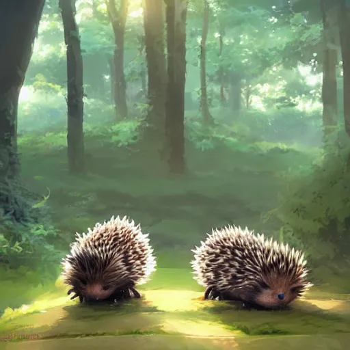 Prompt: a family of hedgehogs in the forest, in the style of makoto shinkai and greg rutkowski and james gurney