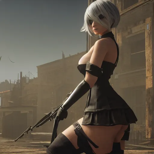 Prompt: Film still of 2B nier automata in a Town from Red Dead Redemption 2 (2018 video game), safe for work, medium full shot, detailed skin and thick thighs, artstation, artstation hq, hd, 4k