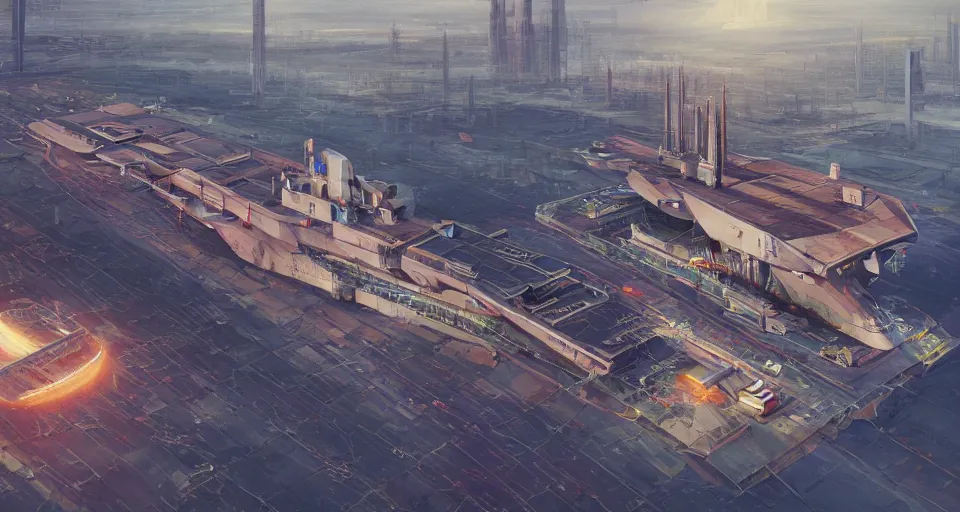 Prompt: a beautiful colourful scifi rendering of massive brutalist industrial military modern cathedral buildings and mri machines, massive aircraft carrier towers futuristic modern cathedral architecture with hangar bays maschinen krieger, digital art, hyperrealist, artstation, Simon Stälenhag, greg rutkowski