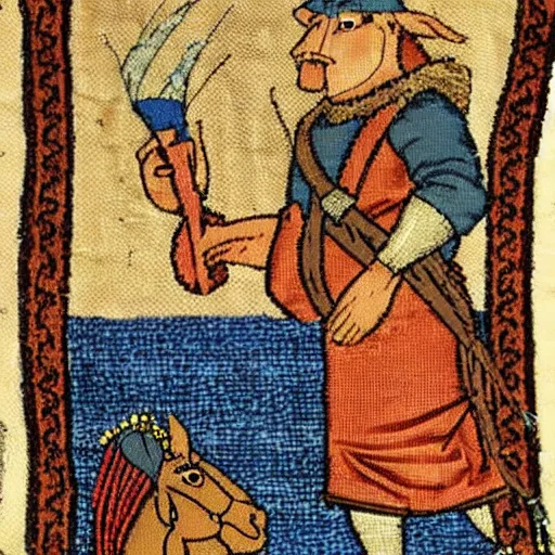 Prompt: medieval tapestry depicting shrek and donkey