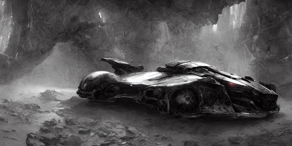 Image similar to the batmobile standing in a very dark and wet cave. highly detailed. intricate. mist. atmospheric. octane render. rim light. photoreal. 8 k. monochrome. cinematic. matte painting imagined by craig mullins and greg rutkowski. concept art, trending on artstation.