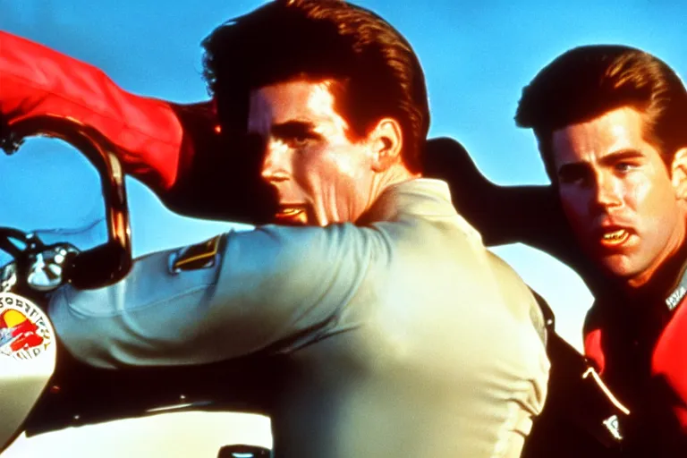 Image similar to ronald mcdonald in top gun ( 1 9 8 6 ), cinematic lighting, high contrast, 4 k hdr imax cinematography by roger deakins, award winning shot, beautiful composition, principal photography, vfx action shot