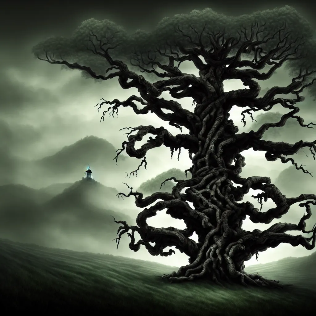 Prompt: evil ancient tree with corpse, on a hill, a detailed matte painting, fantasy, foggy, chiaroscuro