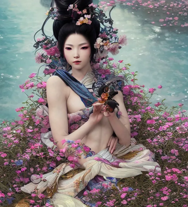 Prompt: baroque portrait of one yakusa biomechanic android geisha with tattoos is lying down in a river made of thousand of flowers, backlighting, photorealistic, octane render, 8 k, depth of field, art by artgerm and greg rutkowski and alphonse mucha and uang guangjian