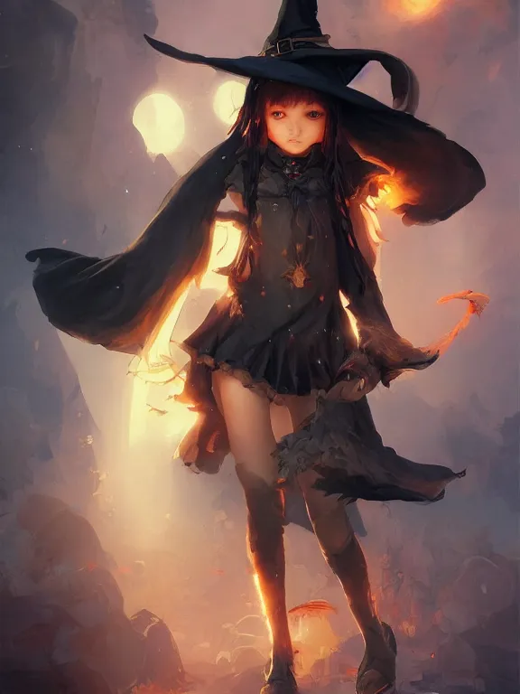 Image similar to Full shot of a cute mischievous young witch about to get up to some trouble. Latin inspired fashion. Black and Orange palette. By Ruan Jia and Artgerm and Range Murata and WLOP and CLAMP. Key Art. Fantasy Illustration. award winning, Artstation, intricate details, realistic, Hyperdetailed, 8k resolution.