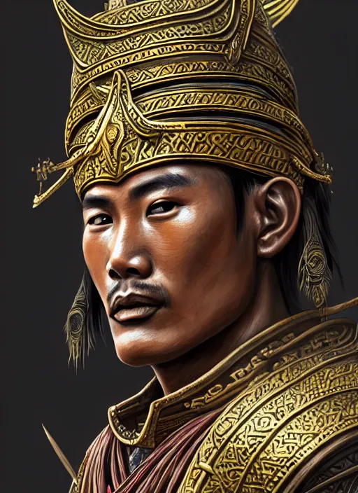 Prompt: smart tai warlord of lanna, chiang mai, closeup portrait, without beard and mustache, historical hero, ethnic group, tai costume, thai traditional bronze headdress, intricate, with leather armor cross on bare chest, elegant, loin cloth, highly detailed, oil painting, artstation, concept art, matte, sharp focus, illustration, hearthstone, art by earl norem