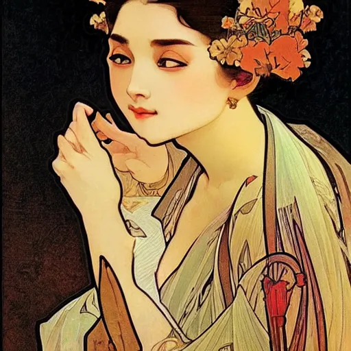 Image similar to beautiful women with oriental faces, character portrait, sharp, art by alphonse maria mucha