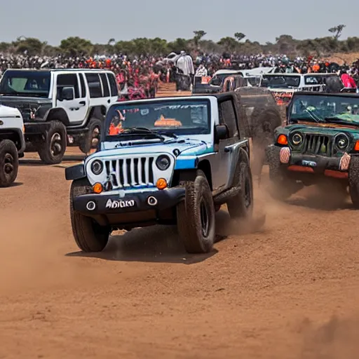 Prompt: a jeep racing aginst stampede in africa