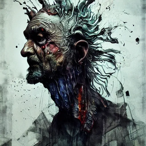 Image similar to mutant fishman sailor old man with gills and scales creatures from the deep ocean by emil melmoth zdzislaw beksinki craig mullins yoji shinkawa realistic render ominous detailed photo atmospheric by jeremy mann francis bacon and agnes cecile ink drips paint smears digital glitches glitchart