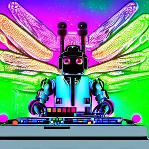 Image similar to A hd paint of a robot Dj playing his mixer in a rave with a lot of dragonflies around him. Epic art, masterpiece, neon dragonfly, lights