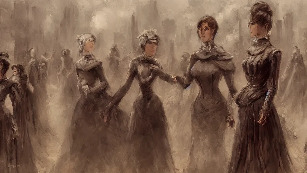 Prompt: thousands of clones of a Victorian woman, dystopia, fantasy, trending on art station, oil painting, concept art