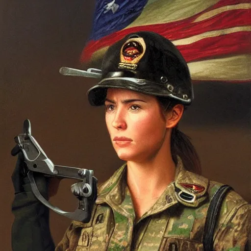 Image similar to a female soldier pressing a staple gun to her own head and looking depressed by thomas kincade realistic, high details