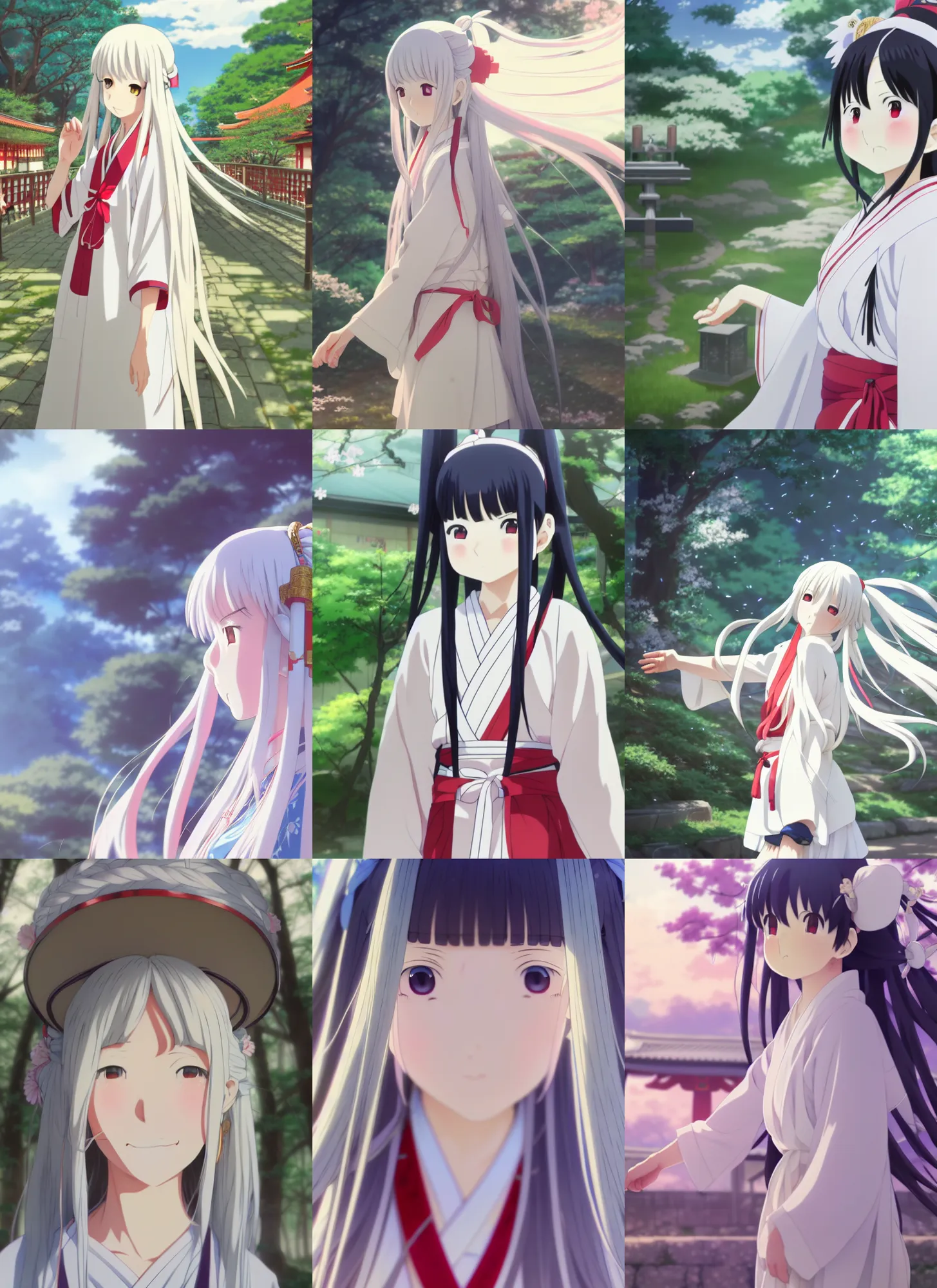 Prompt: anime film still full body portrait of a young japanese girl with long white hair in traditional clothing at a shrine, facial features, dynamic pose, pixiv fanbox, yoshinari yoh makoto shinkai takashi takeuchi, akihiko yoshida, gapmoe, 4 k