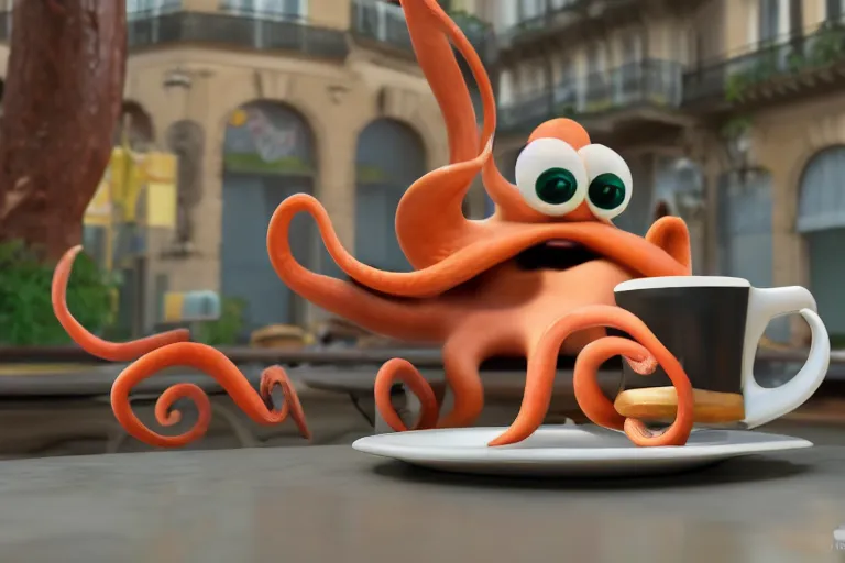 Image similar to Angry little octopus threatening with a fist from a cup of coffee in beautiful morning café in Paris. Pixar Disney 4K 3d render funny animation movie Oscar winning trending on ArtStation and Behance. Oscar Award winner