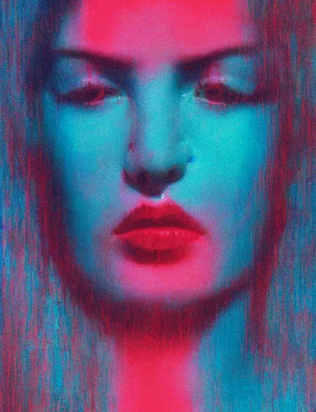 Image similar to face of woman in a tv screen, blue rays from tv, redshift, wide shot, coloured polaroid photograph, pastel, kodak film, hyper real, stunning moody cinematography, by maripol, fallen angels by wong kar - wai, style of suspiria and neon demon, david hockney, detailed, oil on canvas