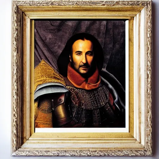 Image similar to Jean Dujardin portrait in Renaissance armor, detailed, cinematic light, art by Leonardo da Vinci