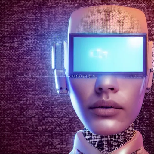 Prompt: portrait of a slick futuristic robot with a large square tv for a head, displaying a digital face. hyper realistic. cyberpunk background. intricate details