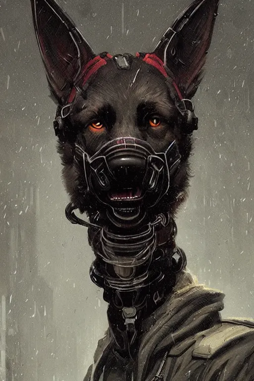 Image similar to new york city portrait of furry anthro anthropomorphic german shepard head animal person fursona wearing clothes strange cybernetic augmentations cyber muzzle gloomy rainy cyberpunk digital art by Greg Rutkowski, Simon Stalenhag, trending on Artstation, CGSociety