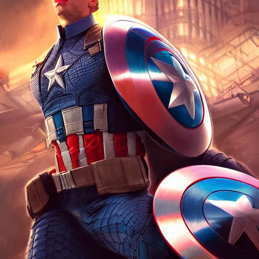 Image similar to of donald trump as captain america, iridescent, beautiful, technological, galactic, hyper-detailed, mega-detailed, realistic, cinematic, octane render, concept art, dark, cosmic, ominous, dramatic, lovecraftian, symmetric, swords, colorful and dark